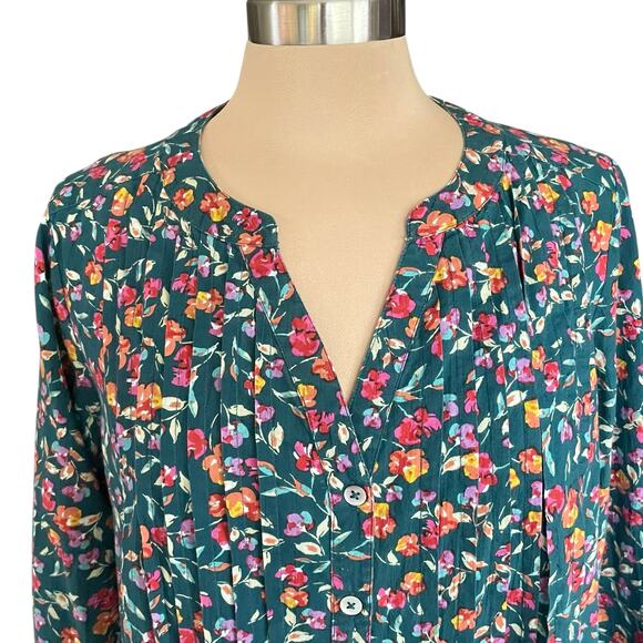 Roaman's Womens Dark Dainty Floral Button Up Tunic Sz 14W Roll Tab Sleeve Pleats - Picture 3 of 10